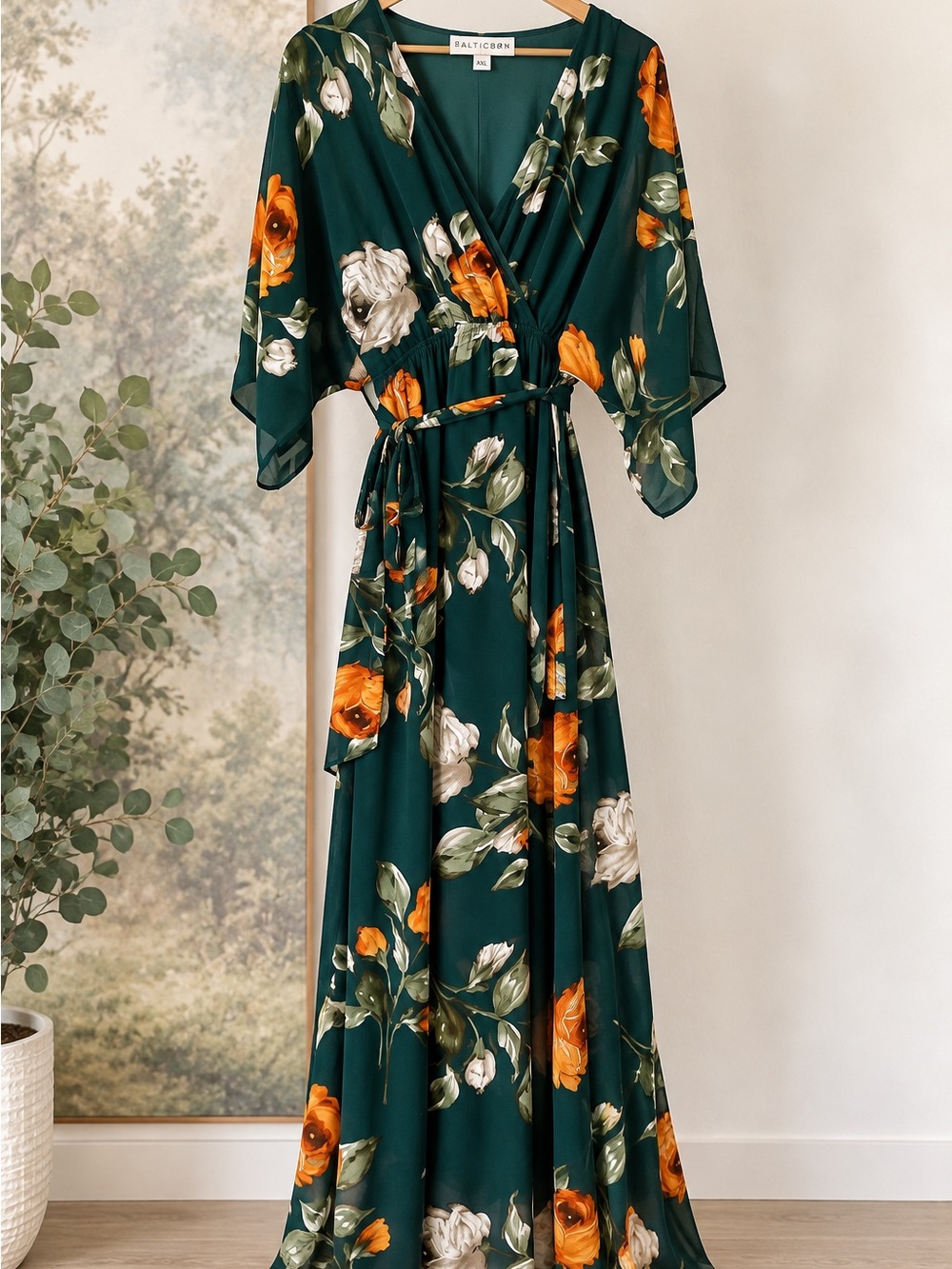 Baltic Born Emerald Green Floral Maxi Dress with Orange & Cream Blooms